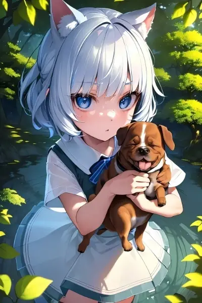 優希が犬を抱いています