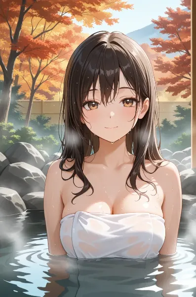 紅葉の湯に微笑む少女