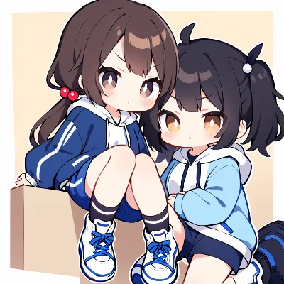 寄り添う青パーカーのふたり