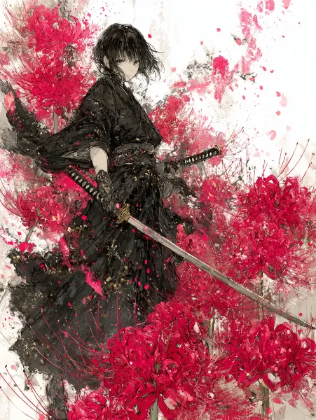 紅蓮の花畑に立つ黒衣の剣士。