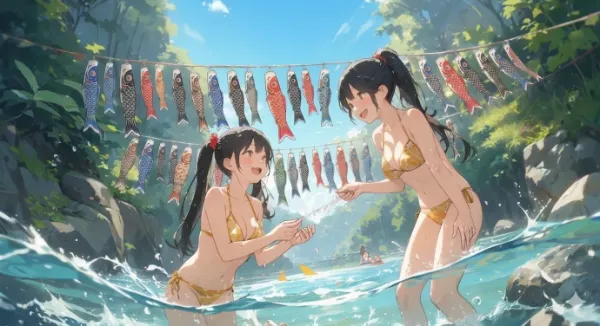 谷間で水遊び
