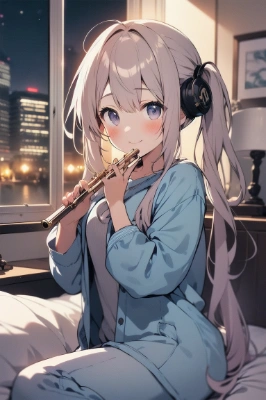 夜のお部屋でフルート練習中