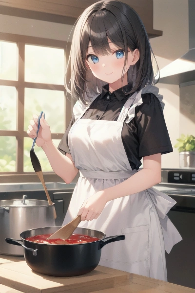 キッチンで鍋料理を作っている少女