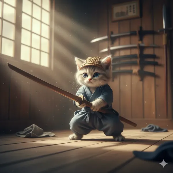 侍道具を借りて修行する子猫