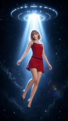 UFOの光に浮かぶ赤いドレス