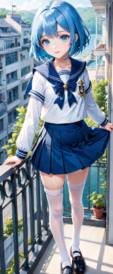 バルコニーで涼んでる青髪さん