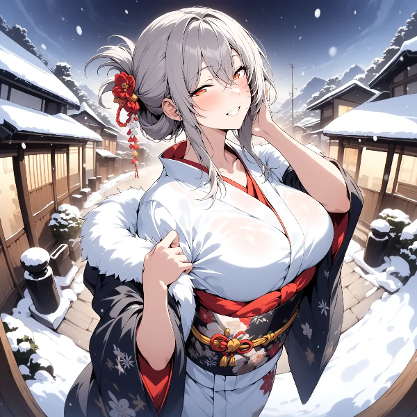 雪降る古里で微笑む着物美少女