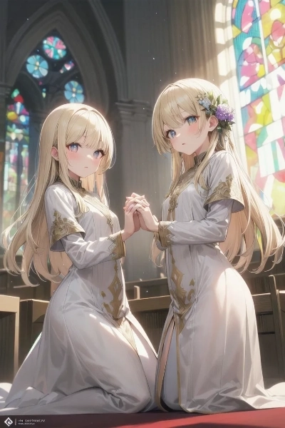 教会で祈りを捧げる金色の髪の姉妹