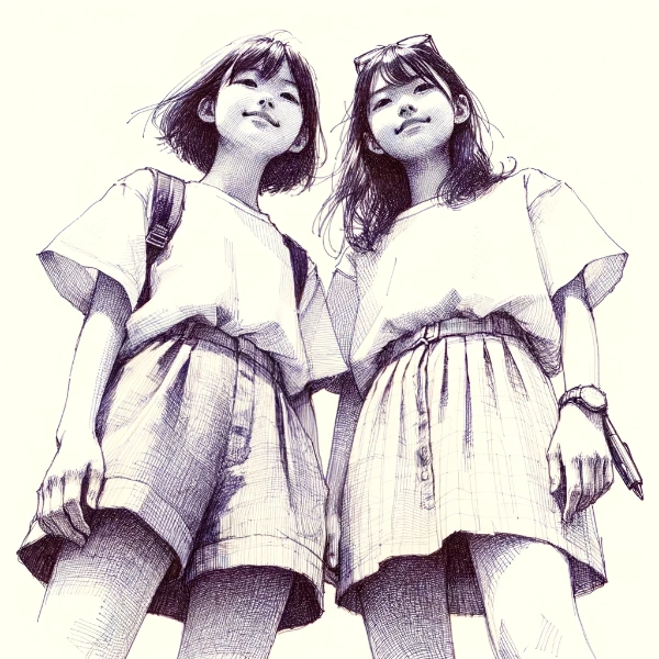 A sketch of two young Japanese sisters