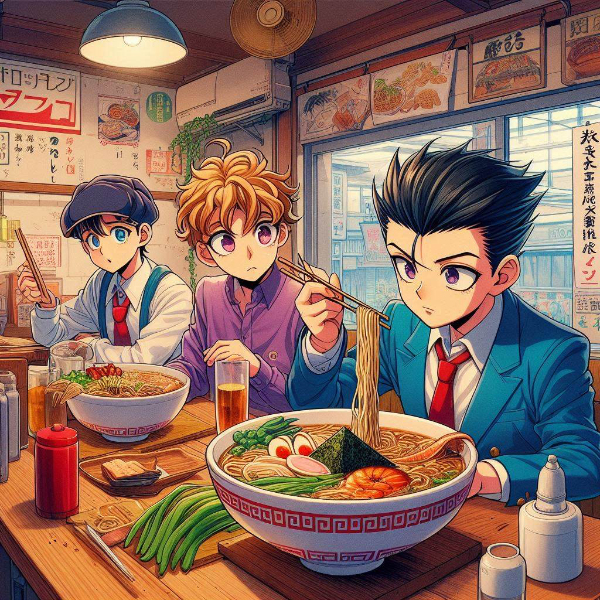 大衆食堂で巨大ラーメンを食べる三人組