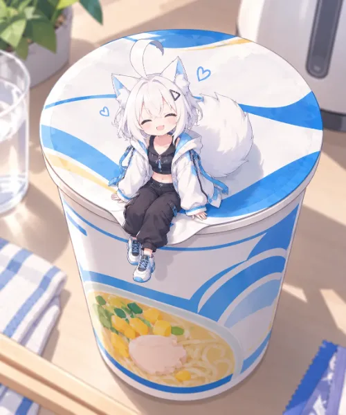 カップラーメンの上でくつろぐ白狐