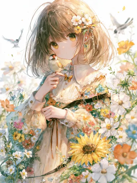 花畑で小鳥と語らう少女の午後。
