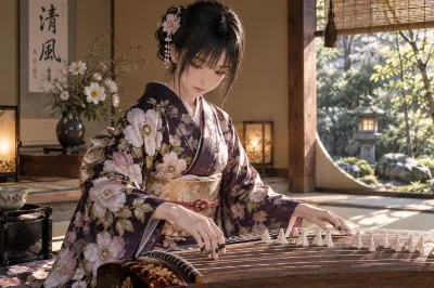 琴を奏でるお嬢様