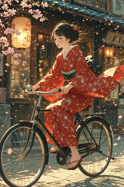 桜舞う古都の自転車少女