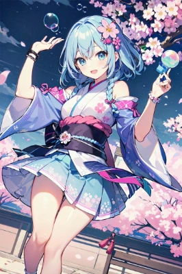 シャボン玉と花びらが舞う