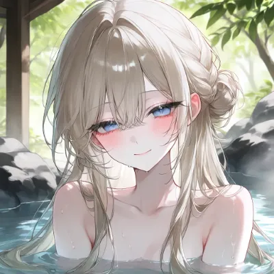 温泉で微笑む銀髪の美少女