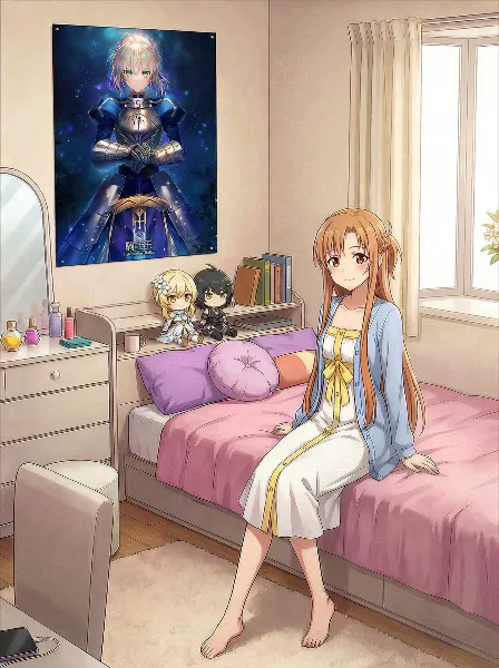 部屋のベッドに座ってくつろいでいる可愛い明日奈