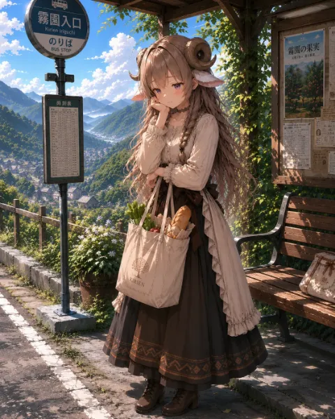 バス停で待つ羊角の少女