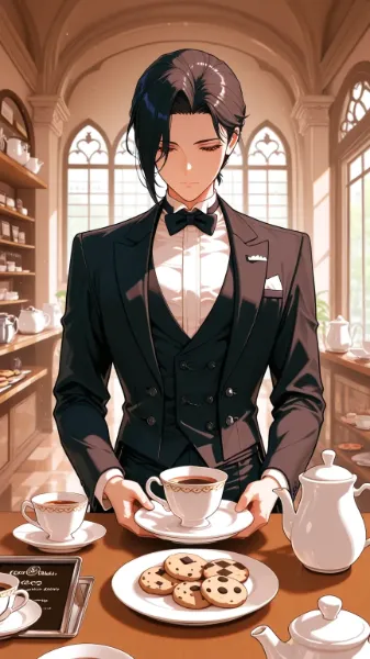 お茶会の準備をする執事