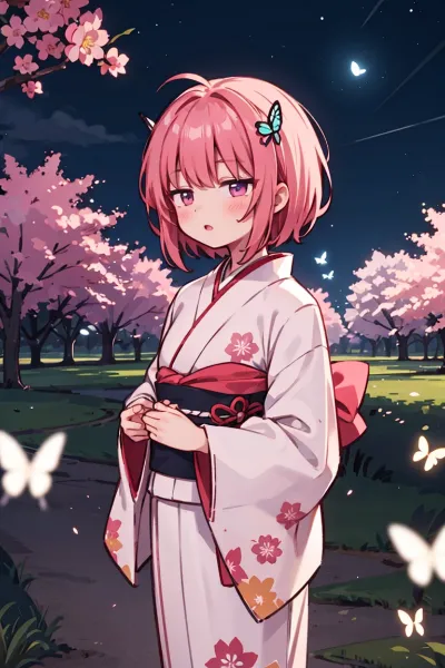 夜桜と蛍光蝶