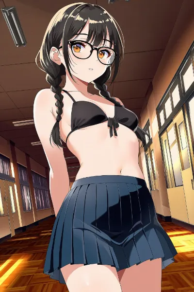 校内で上半身黒ビキニのおさげ眼鏡っ娘さん