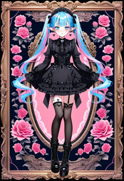 青髪のゴシック少女と薔薇