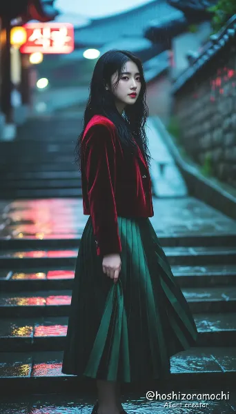 静寂に響く赤 ― 雨上がりの階段に立つ