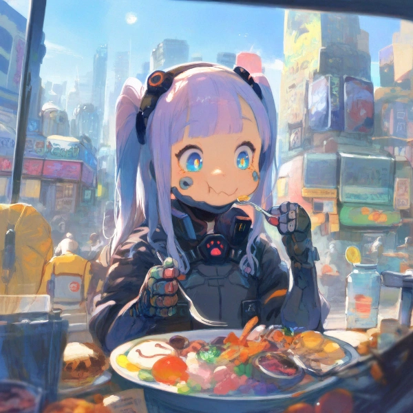 お子様ランチ(超大盛)をムシャるサイボーグ幼女