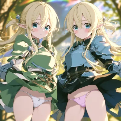 虹の森で微笑む双子のエルフ
