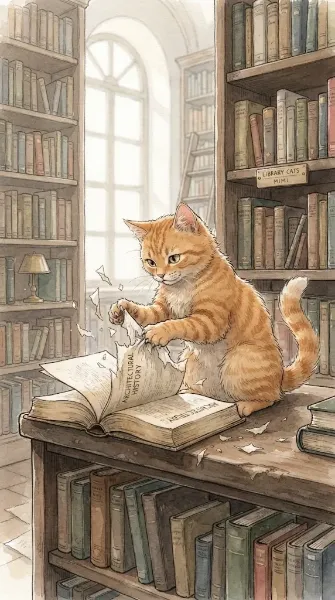 本の紙を破る猫