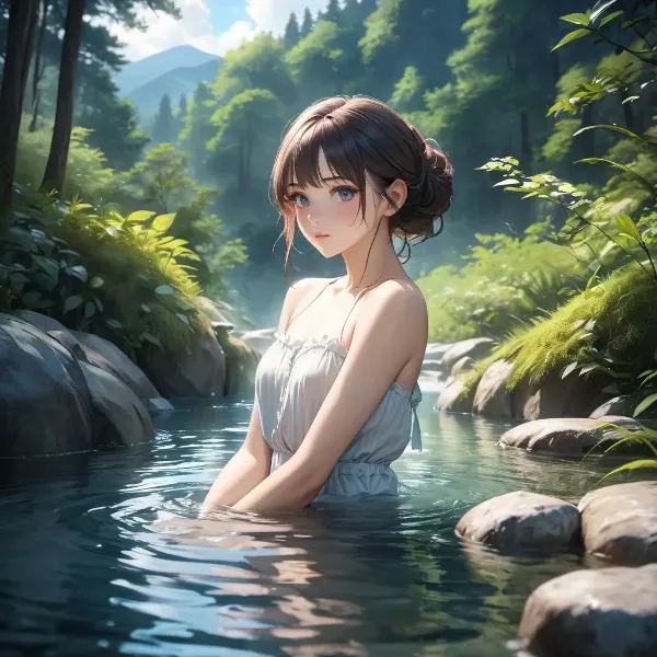 森の小川に浸る少女