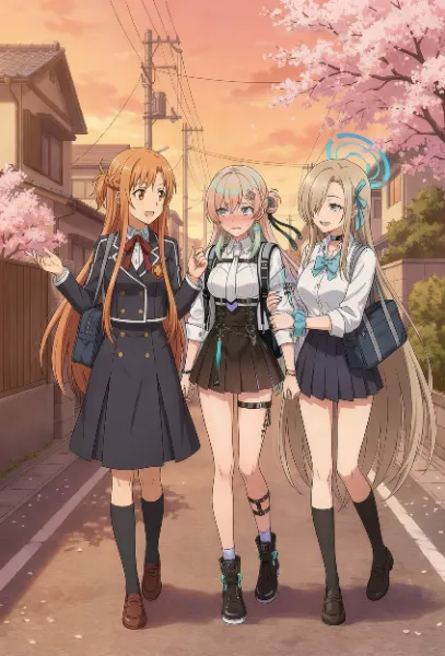 SAOとブルアカのアスナと一緒に下校する鳴潮のリンネー