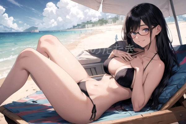黒髪ロング眼鏡　水着 黒ビキニ