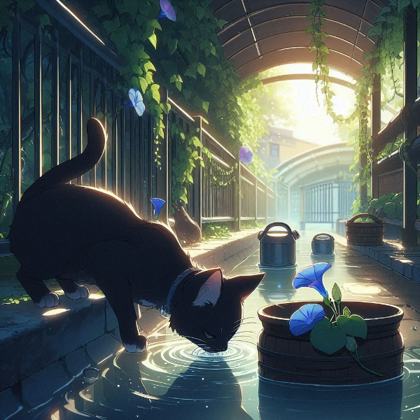 高架下でやすむ黒猫　アニメのイラスト