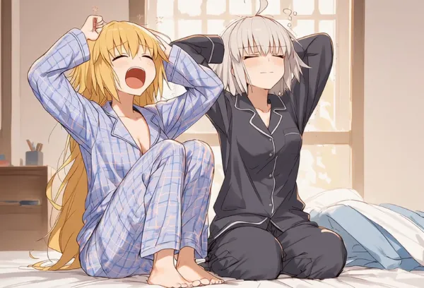 朝起きて欠伸をする２人のジャンヌちゃん