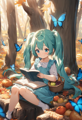 秋のフルーツと読書するミクちゃん
