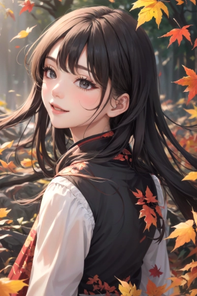 1 girl, happy, autumn, cheongsam, cheongsam hair, warm colors, extreme close-up, floating fallen lea