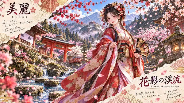 花影の渓流に立つ美麗の乙女