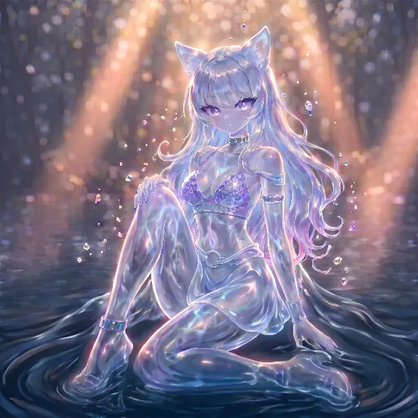 水の光に包まれる猫娘
