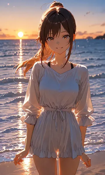 夕陽のビーチで微笑む少女