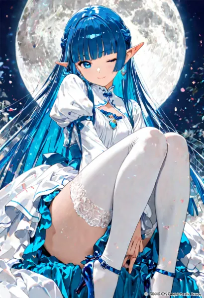 月の明かりが髪を照らし、空の奥に記憶を描く