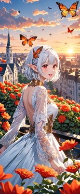夕暮れの街とエルフ