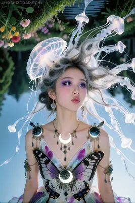 【深海ファンタジー】水底に眠る時の魔女と発光する数多のクラゲ｜幻想的なAIアート美女