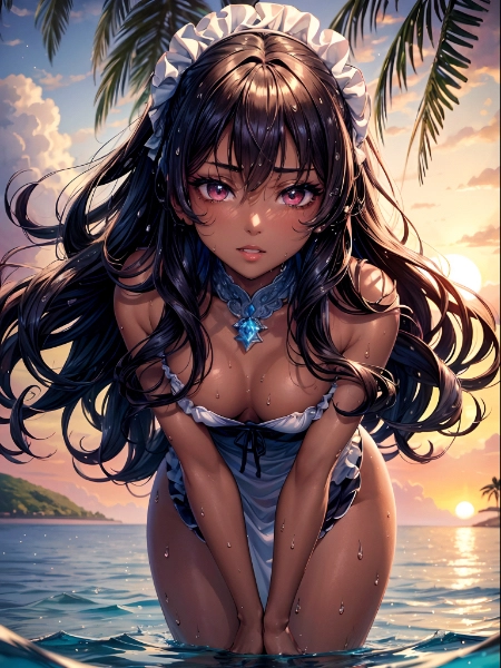 海に沈む夕日とメイドさん