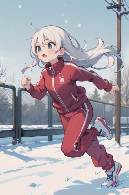 ジャージ姿の女の子が雪の中を