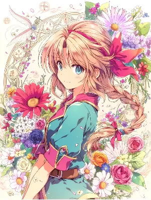 花と時の魔法に包まれた少女の微笑み