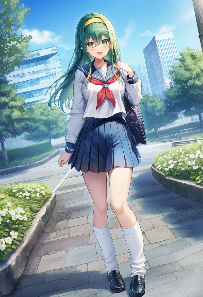 都会の朝に輝く緑髪少女の笑顔
