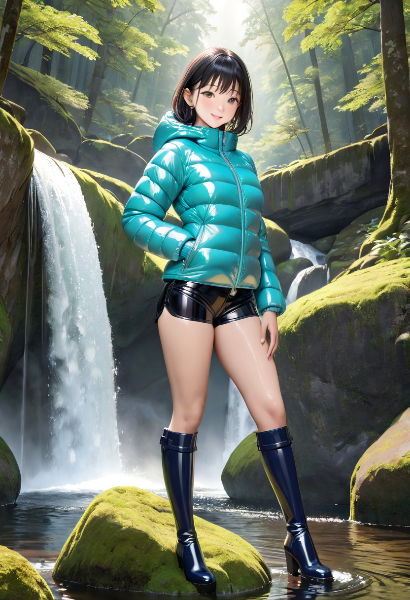 滝つぼでポーズ！