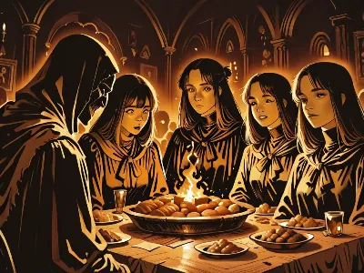 儀式の仮面男と少女たちの炎の晩餐
