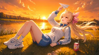 夕焼けの土手でまた明日